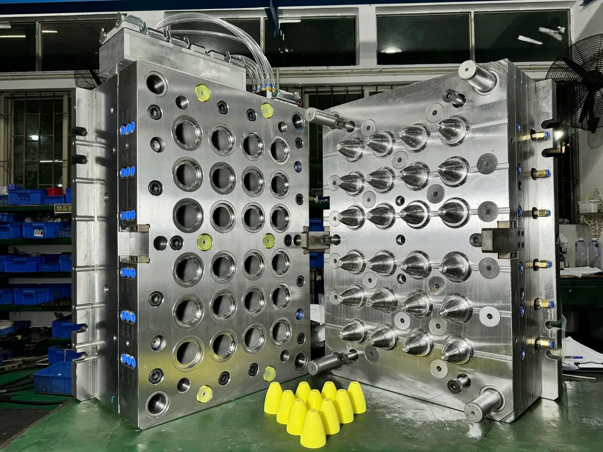 Representative multi-cavity bottle cap mold shown with molded threaded cap parts