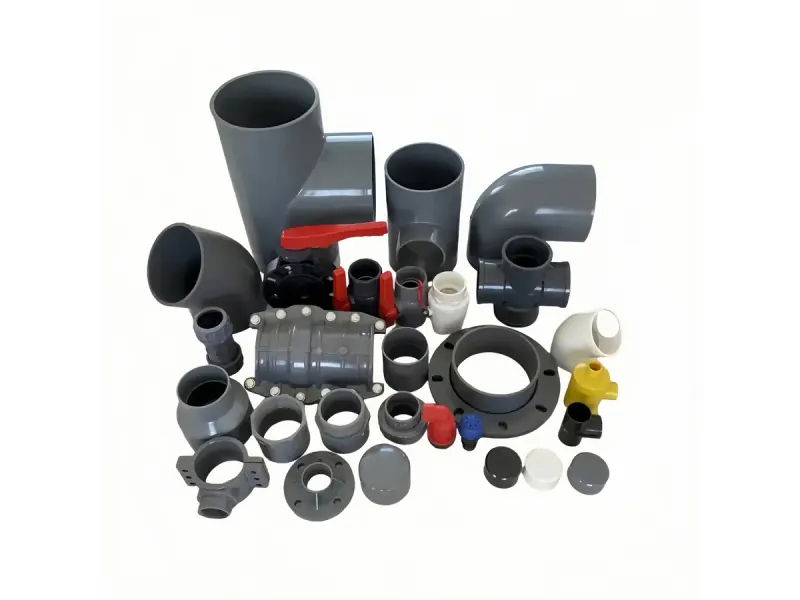 Pipe fitting family with elbows, tees, couplings, valves, and drainage forms
